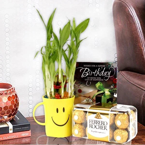 Yellow smiley face mug with green plant, Ferrero Rocher chocolates, and birthday card on a table.