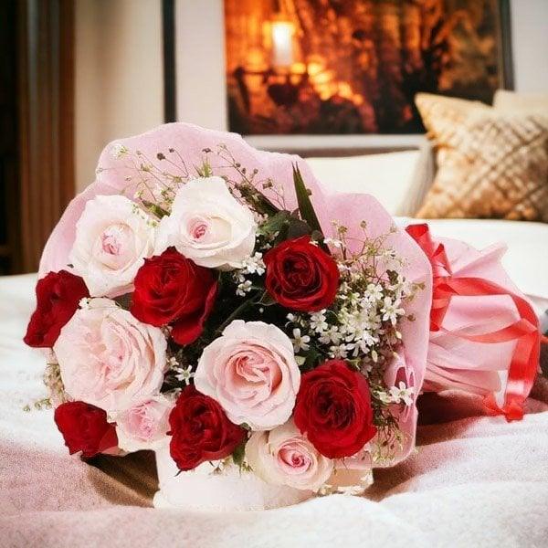 Red & Pink Roses Bouquet with 10 Roses in Pink Paper Wrap - Flower Delivery in GiftsGhaziabad