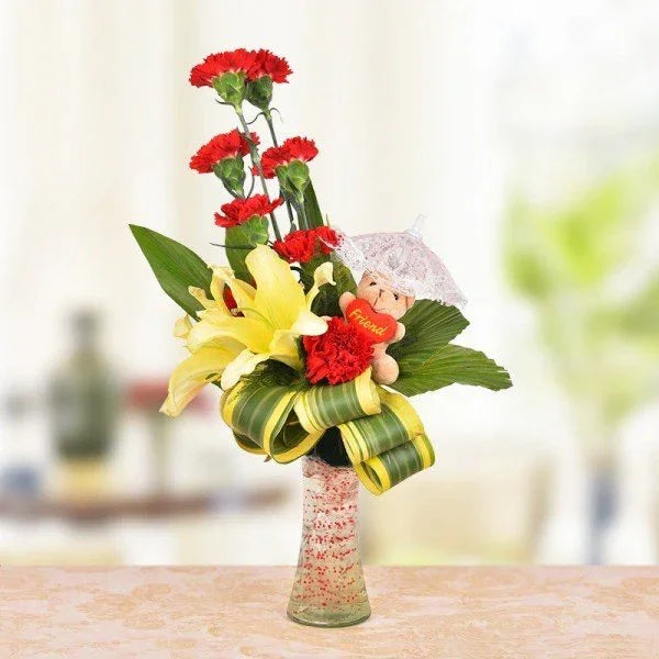 Red Carnation & Yellow Asiatic Lily Arrangement with 6 Inch Teddy - Flower Delivery in GiftsGhaziabad