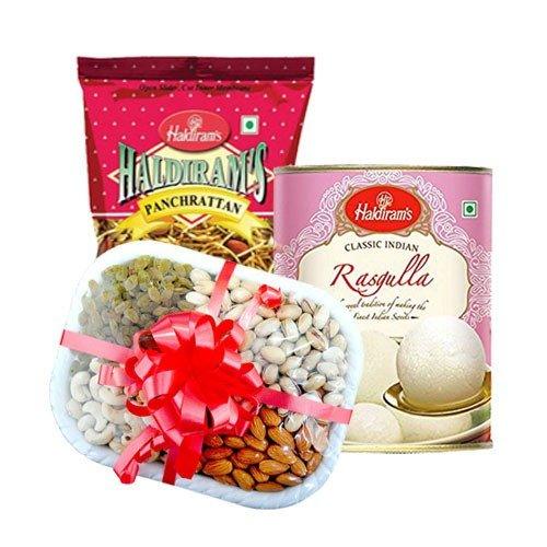 Gift hamper with assorted dry fruits, Haldiram’s snacks and rasgulla tin, perfect for gifting