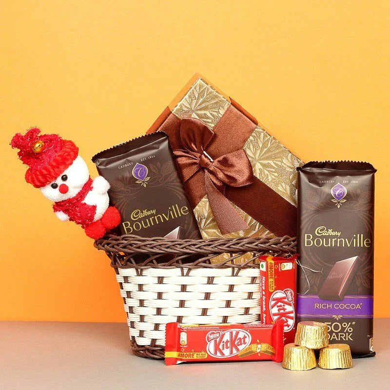 Gift basket with Cadbury Bournville chocolate, KitKat bar, and a small snowman toy Teddy 