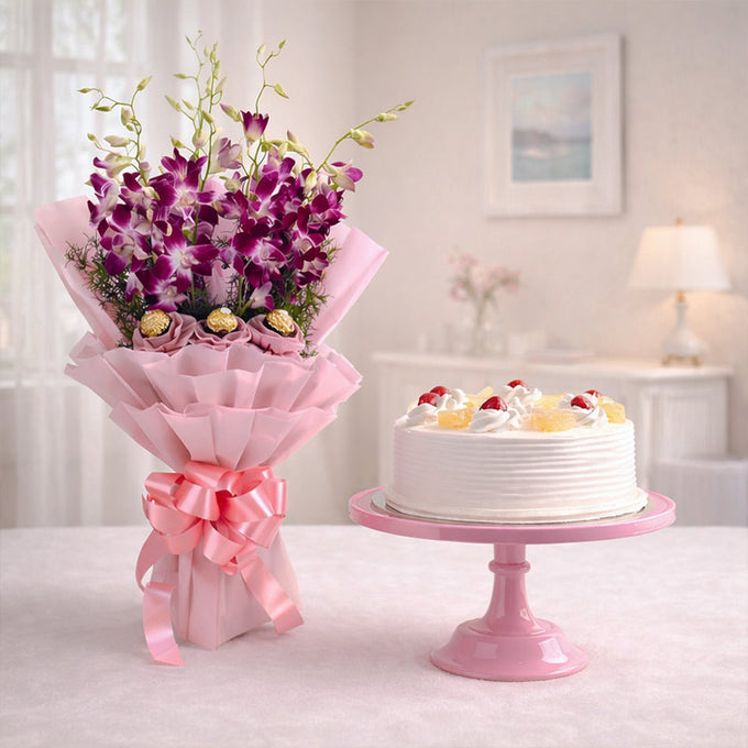 Pineapple Cake with 10 Purple Orchids Combo - Cake Delivery in GiftsGhaziabad