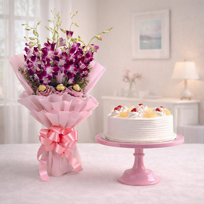 Orchids Bouquet N Pineapple Cake Combo