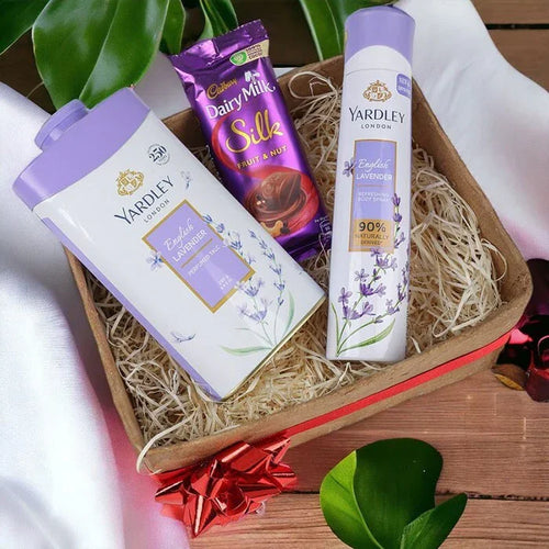 Yardley London products including soap and lotion in a decorative box with Cadbury Dairy Milk Silk chocolate.