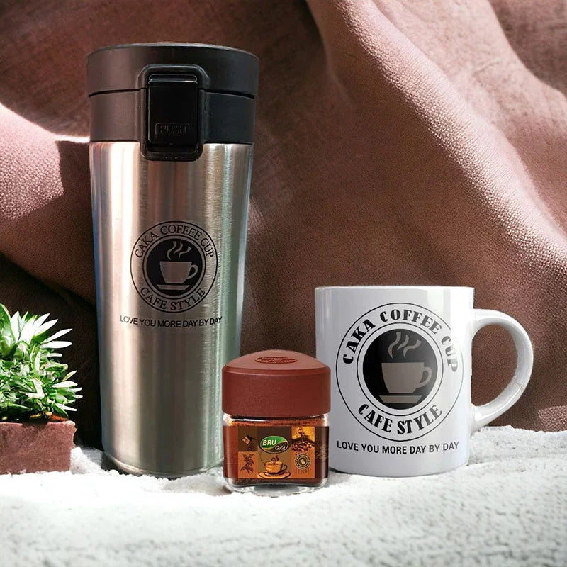 Cana Coffee Cup Cafe Style travel mug and mug with branded design on a soft surface.