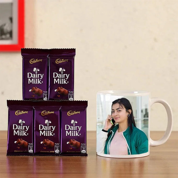 Personalised White Ceramic Mug with 5 Dairy Milk Chocolates
