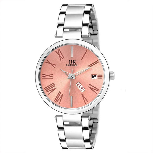 Silver metal wristwatch with pink dial, Roman numerals, and day-date display.