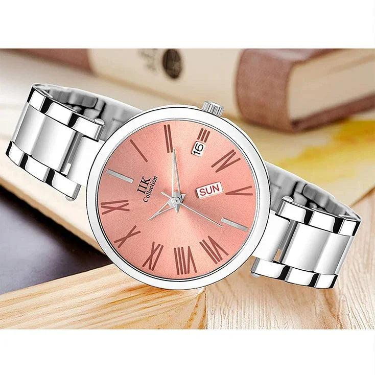 Round Dial Stainless Steel Bracelet Chain Analogue Day N Date Functioning Watch for Women and Girls