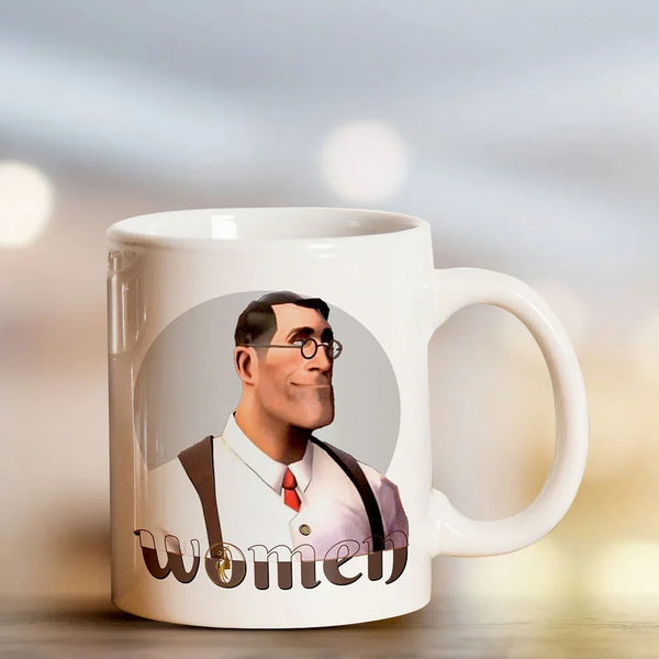 Mug with a graphic of a person and the word 'women' on a blurred background