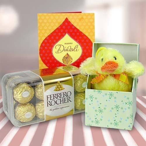Diwali greeting card with Ferrero Rocher chocolates and yellow plush duck gift set