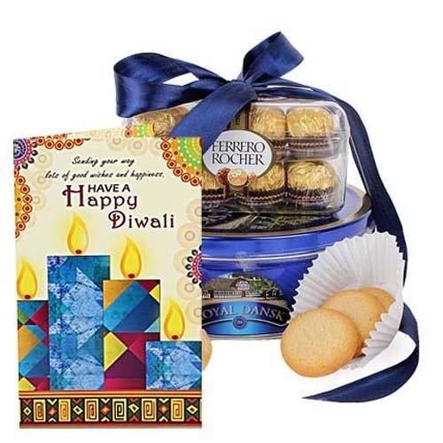 Diwali greeting card with candles, Ferrero Rocher chocolates, and Royal Dansk cookies gift set