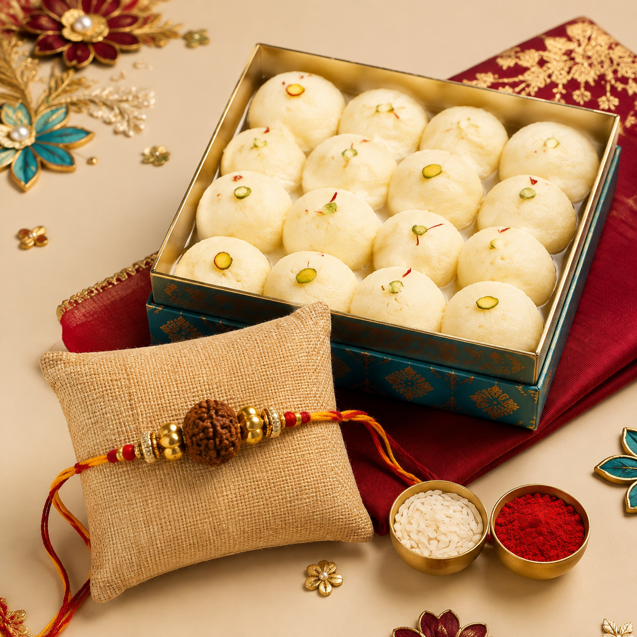 Rudraksha Blessings Rakhi with Rasgulla