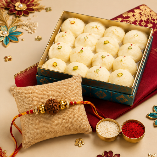 Rudraksha Blessings Rakhi with Rasgulla