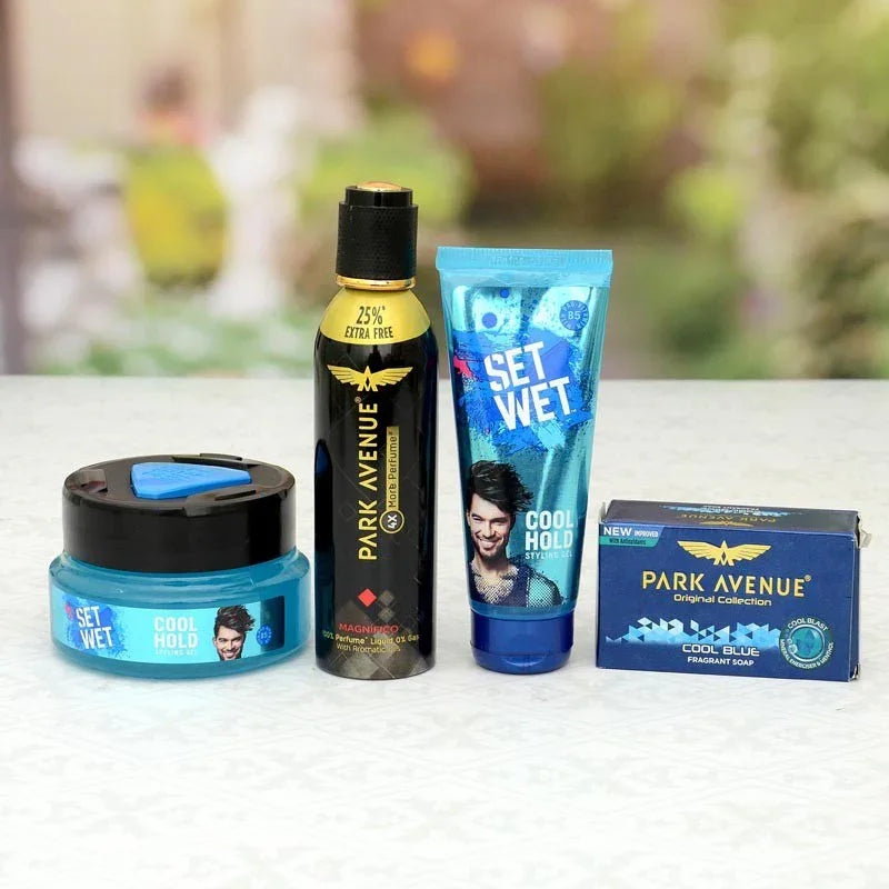 Collection of Park Avenue grooming products on a white surface with a blurred outdoor background.