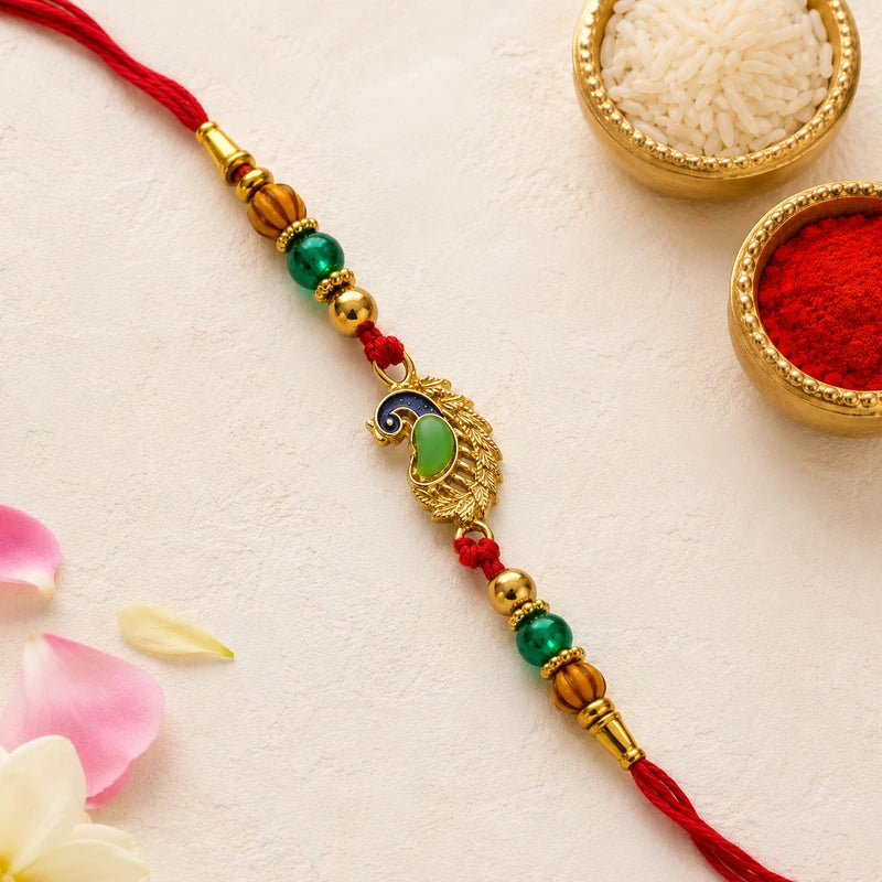 Regal Peacock Green Stone Rakhi - OyeGifts