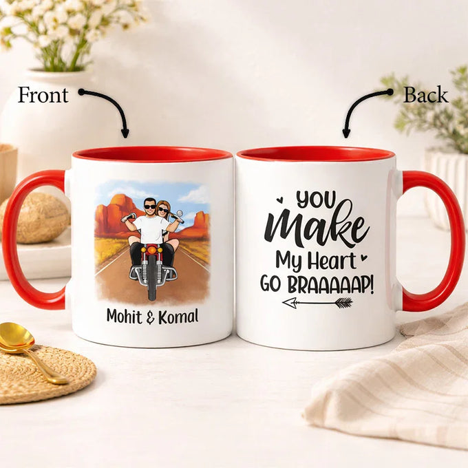 Personalized Couple Biker Mug – “You Make My Heart Go Braaap” Custom Name Coffee Cup - Personalized Gift in GiftsGhaziabad