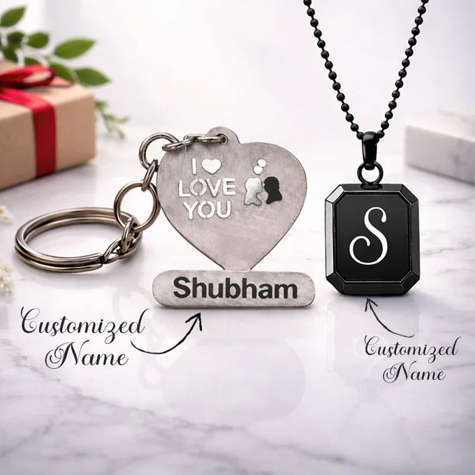 Personalized Couple Name Keychain & Initial Pendant Gift Set - Men Jewellery Gift for Men