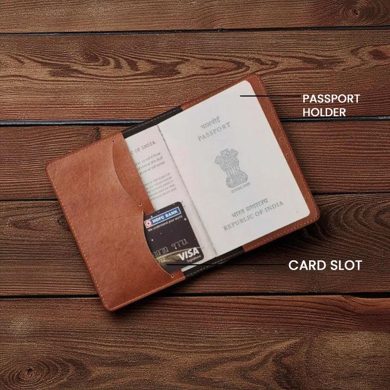 Brown passport holder with card slot on a wooden surface
