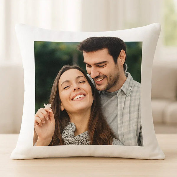 Personalized picture cushion featuring a happy couple, ideal for custom gift occasions.