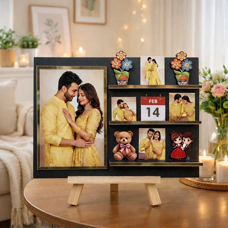 Personalized Valentine Couple Photo Frame with Calendar & Mini Shelf Décor