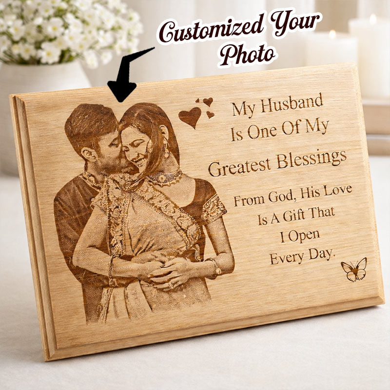 Personalized Wooden Photo Engraved Plaque for Husband – Romantic Gift from Wife