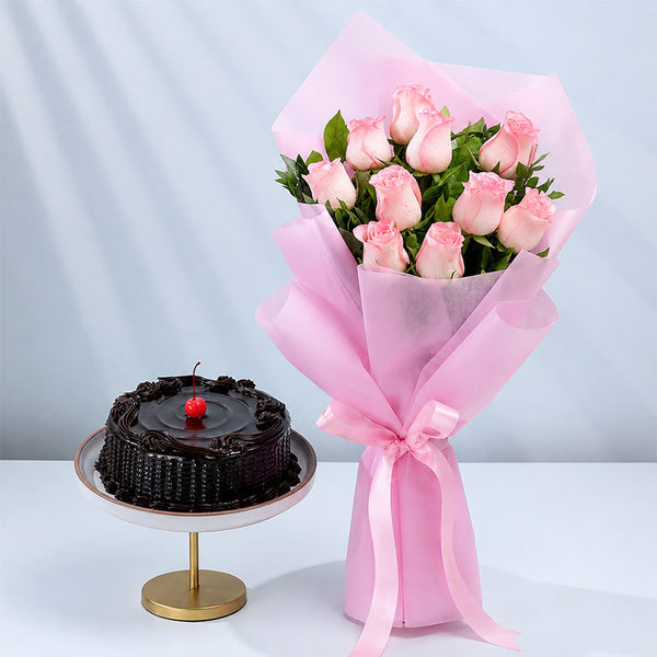 Pink Roses With Chocolate Cake