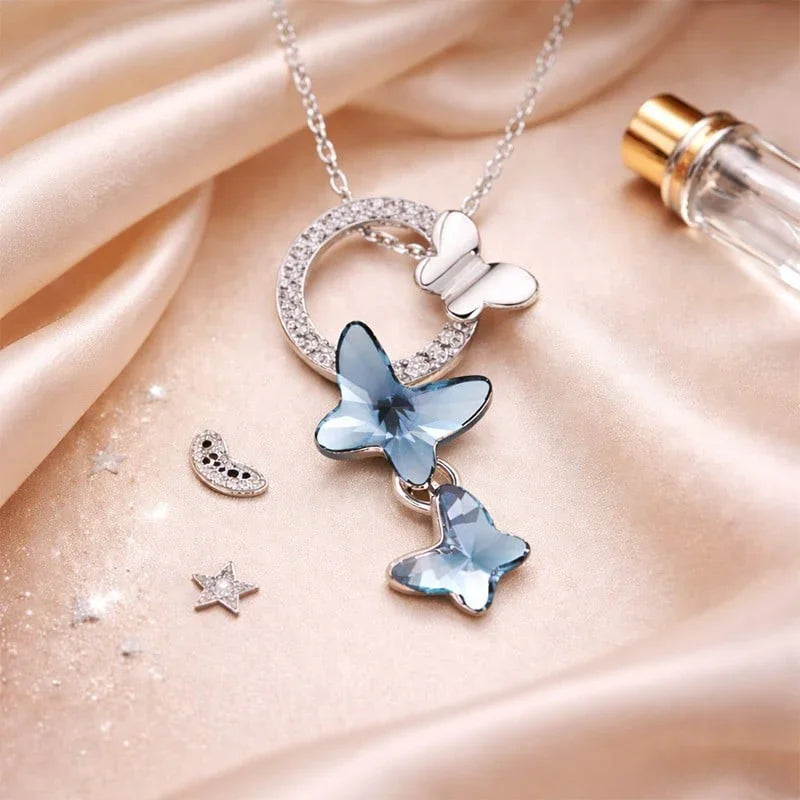 Designer Platinum Plated Crystal Butterfly Earrings Chain Pendant Necklace Combo Jewellery Set for Women and Girls 