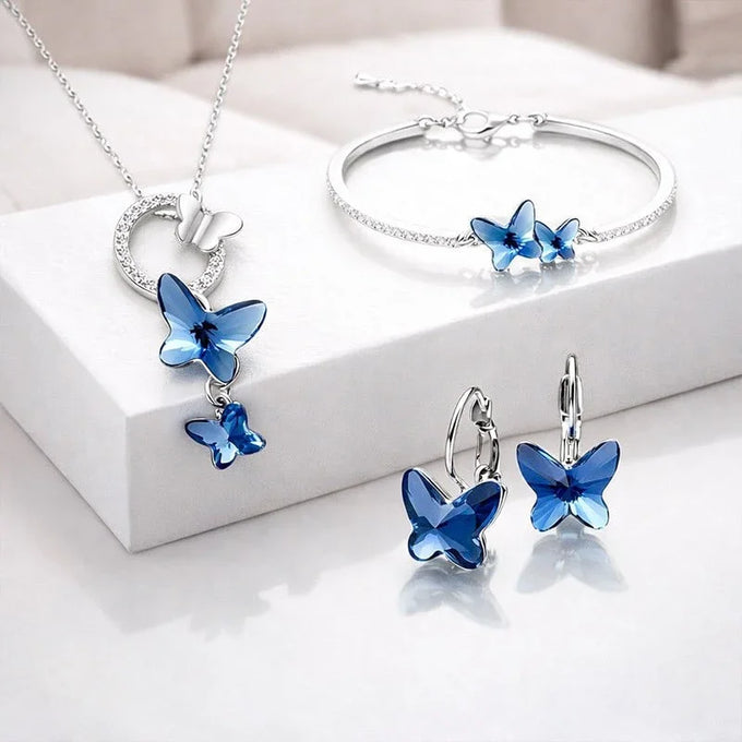 Designer Platinum Plated Crystal Butterfly Earrings Chain Pendant Necklace Combo Jewellery Set for Women and Girls