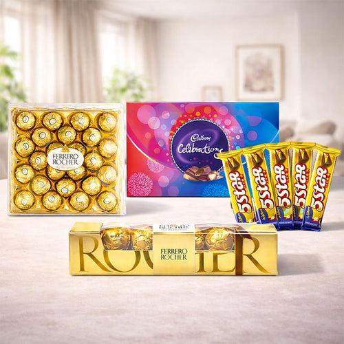Assorted chocolate bars including Ferrero Rocher and Cadbury 5 Star on a light surface.