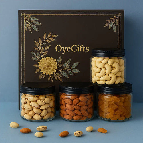 Premium Dry Fruits Gift Box – 4 Jars of Cashews, Almonds, Pistachios and Raisins (100g Each) Online Gift Delivery