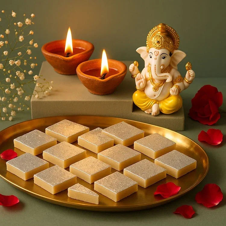 Decorative setup with a statue of Ganesha, lit oil lamps, and a plate of sweets on a green background.