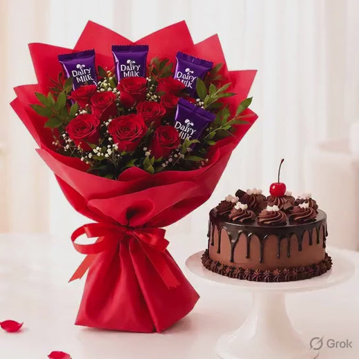 Red Roses Bouquet with Dairy Milk Chocolates & Half Kg Truffle Cake