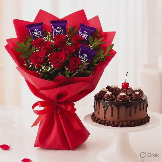 Load video: Red Roses Bouquet with Dairy Milk Chocolates &amp; Half Kg Truffle Cake