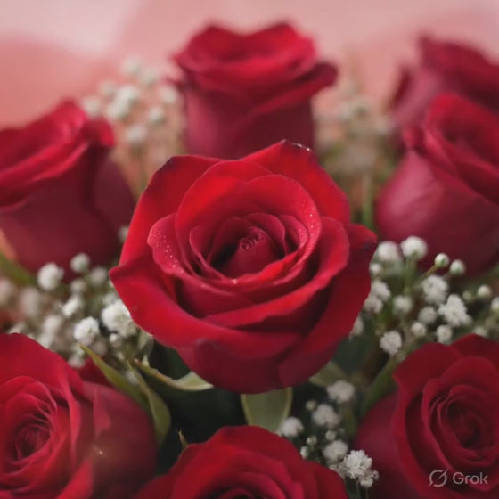 Red Roses Bouquet 10 Stems with White Seasonal Fillers