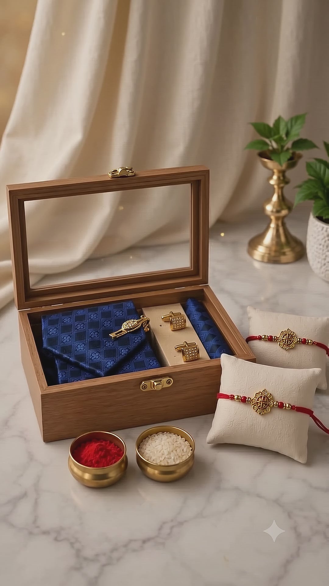 Load video: Premium Men's Tie Gift Box with Gold Cufflinks, Tie Pin &amp; Set of 2 Designer Rakhis