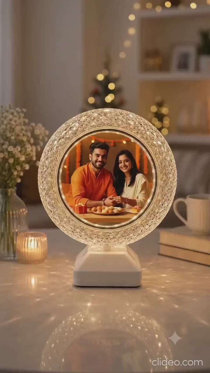 Load video: Led Crystal Light Photo Frame Lamp for Rakhi