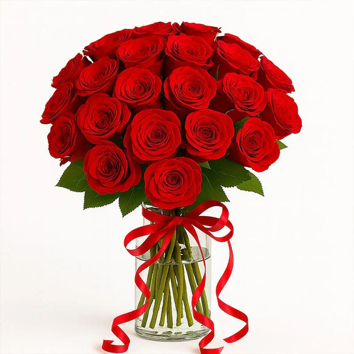 20 Red Roses Bouquet in Glass Vase with Red Ribbon