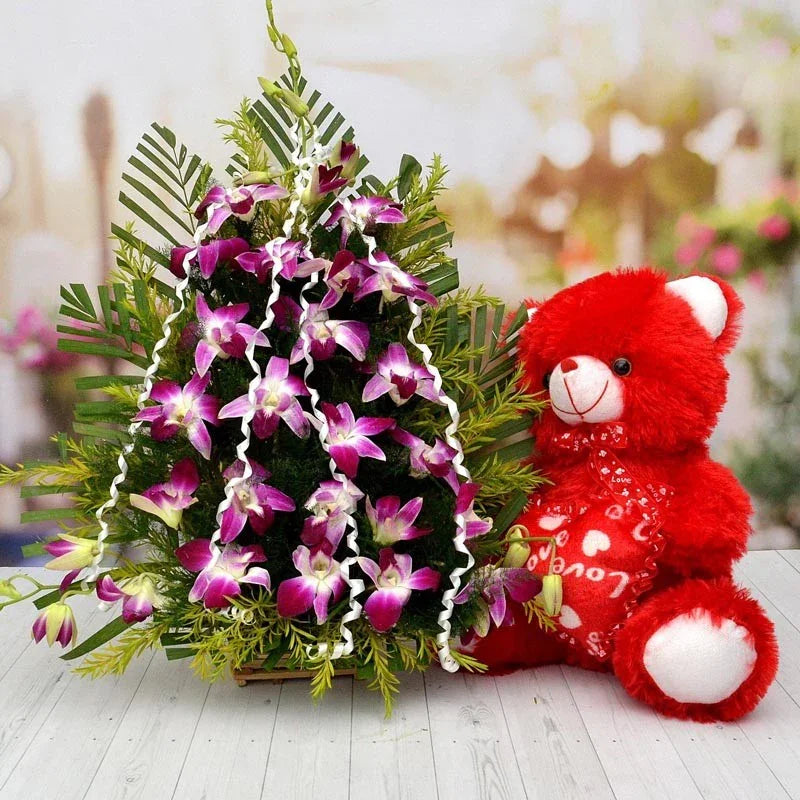 Orchids in Basket & Teddy