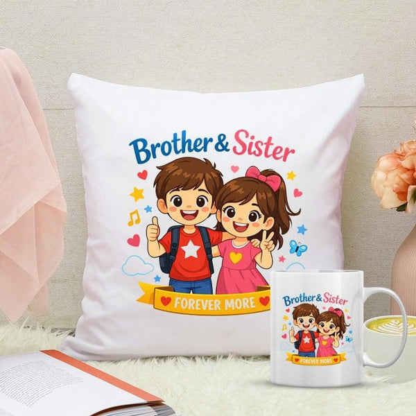 White pillow with cartoon characters and 'Brother & Sister Forever More' text, next to a matching mug.
