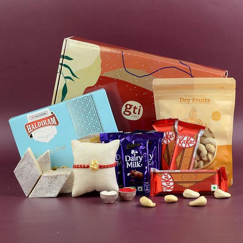 Assorted snacks and candies including KitKat, Dairy Milk, and Haldiram on a purple background