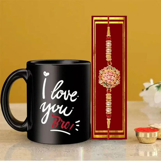 Black mug with 'I love you Bro!' text and a decorative rakhi on a yellow background