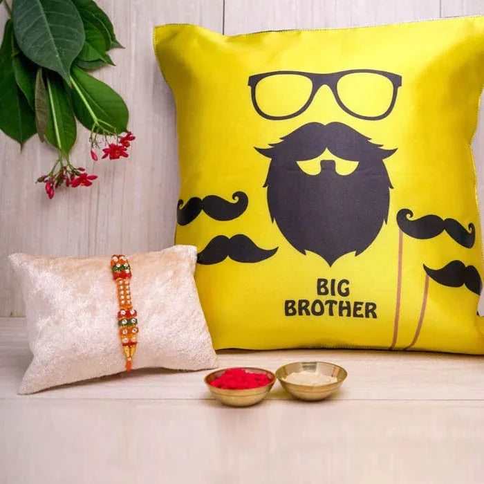Yellow pillow with a beard and mustache design labeled 'Big Brother' on a light wooden floor.