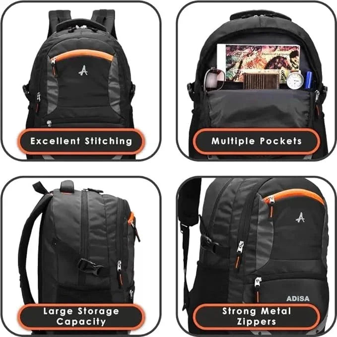 Black backpack with orange accents featuring various features on a white background