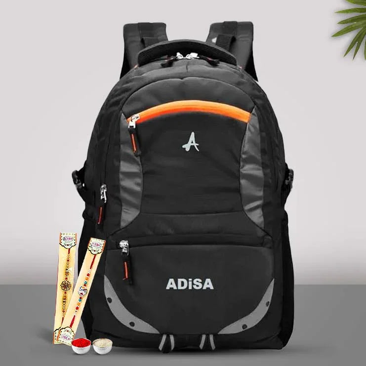 Black and gray backpack with orange accents and 'ADISA' branding on a light gray background.