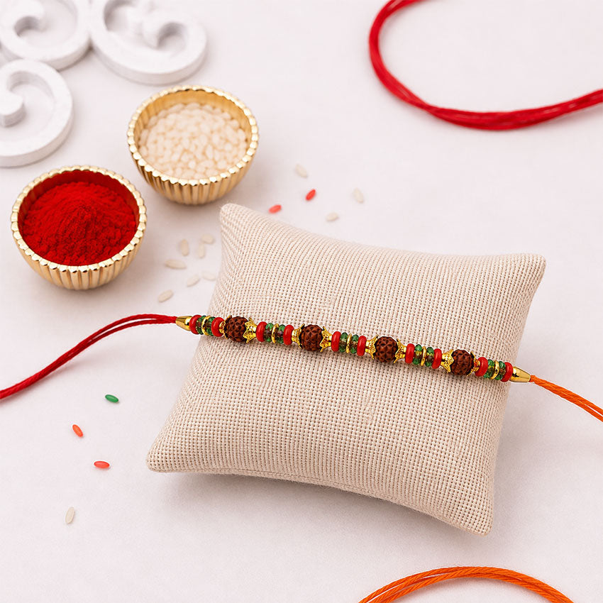 Red and Green Rudraksh Mouli Rakhi (Addons)