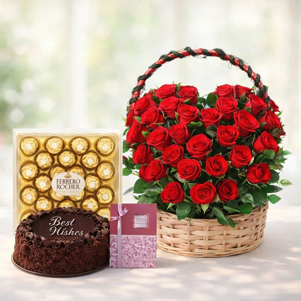 Heart-shaped red rose basket with Ferrero Rocher chocolates, chocolate cake, and greeting card