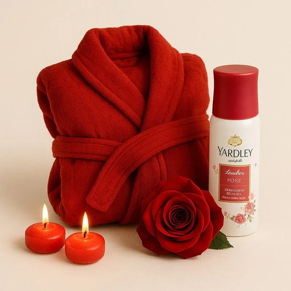 Red bathrobe with Yardley rose deodorant, rose flower, and two red candles gift set