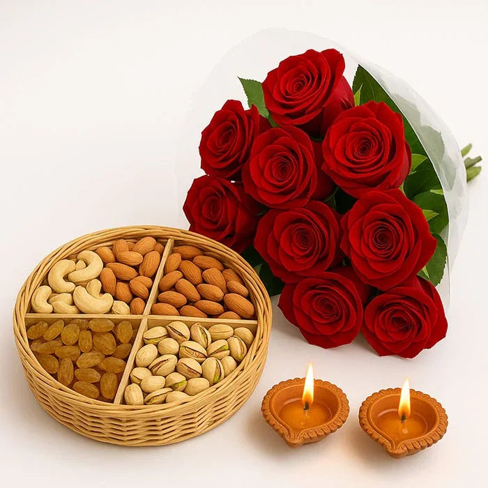 Red Roses and Dryfruits Diwali Charm