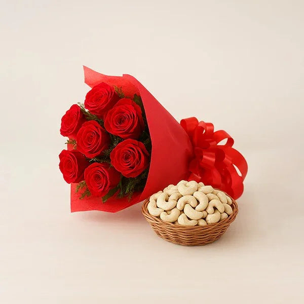 Red Roses And Half kg Cashew with a Basket