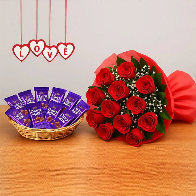 12 Red Roses Bouquet with 10 Dairy Milk Chocolates Basket - Flower Delivery in Kalyani